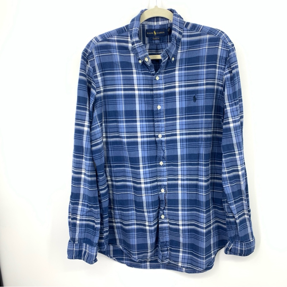 Ralph Lauren Men Size XL Shirt Button Down Top Blue‎ White Plaid Cotton Classic